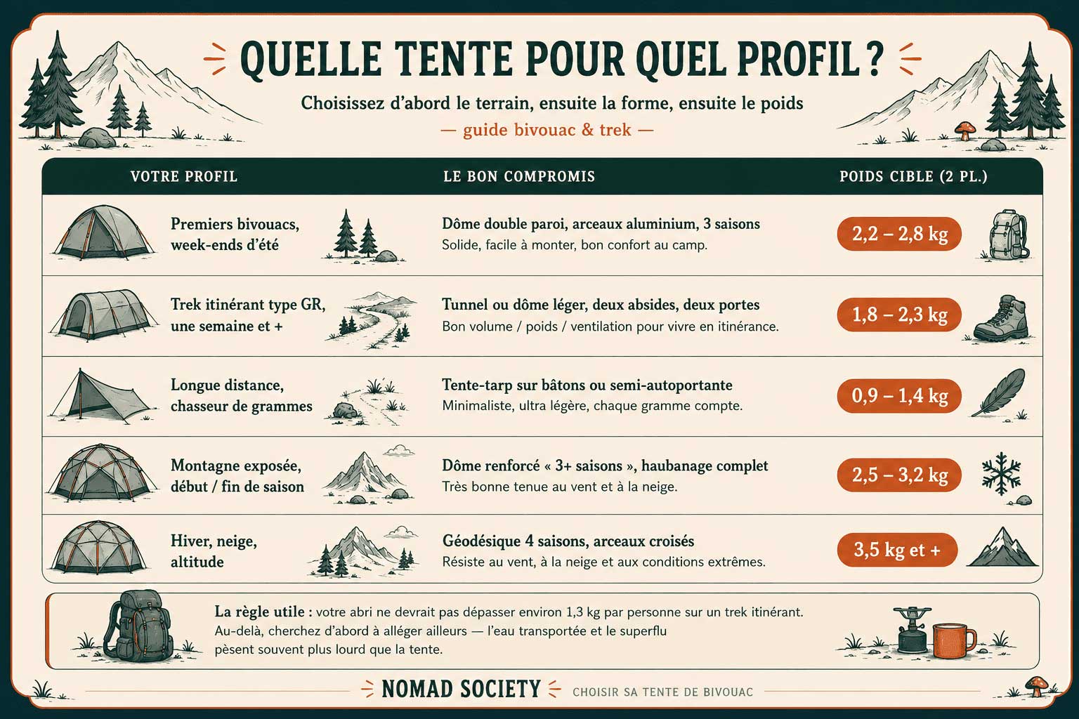 Tableau : quelle tente de bivouac choisir selon son profil de randonneur